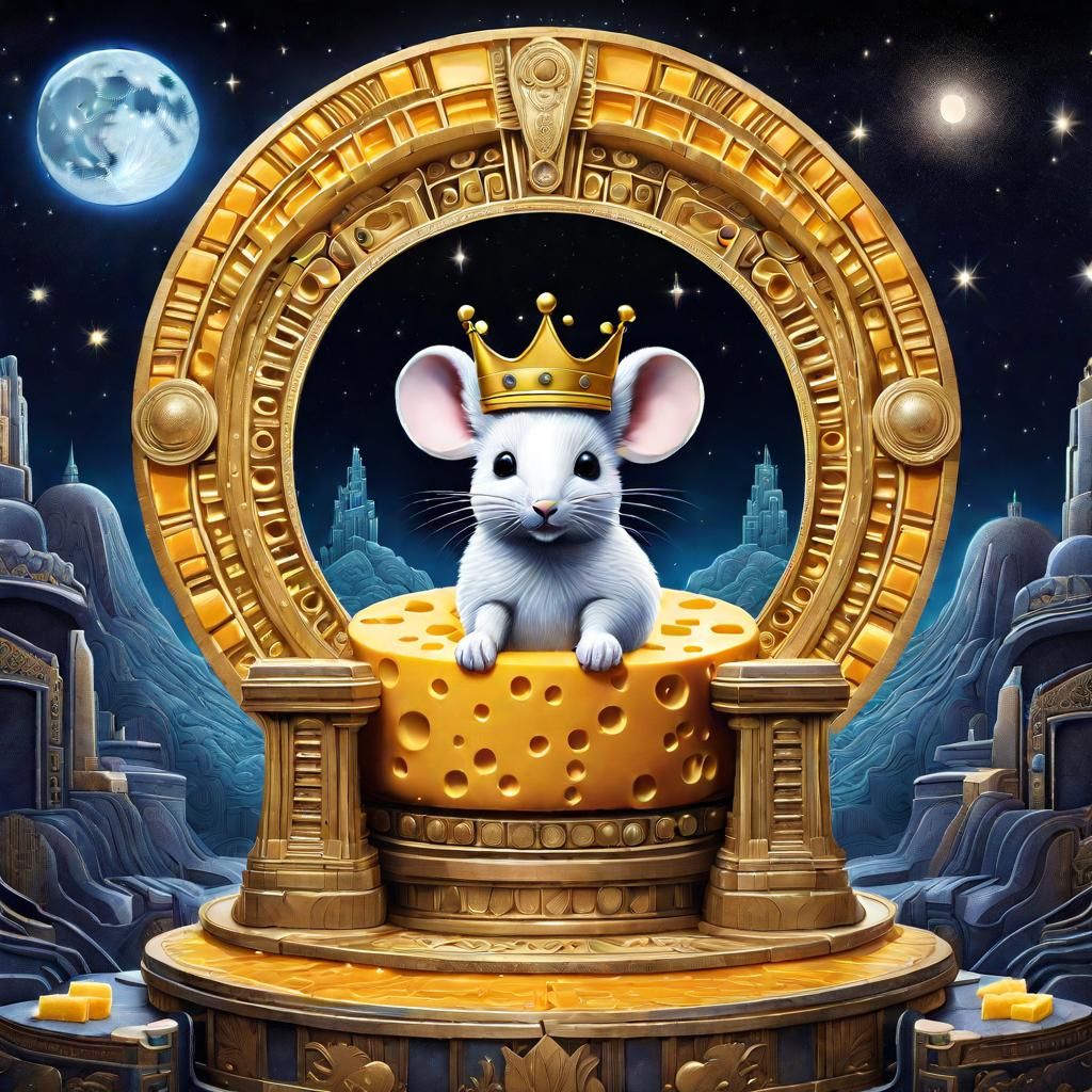 Mouse on Cheese Throne Under Cheese Moon