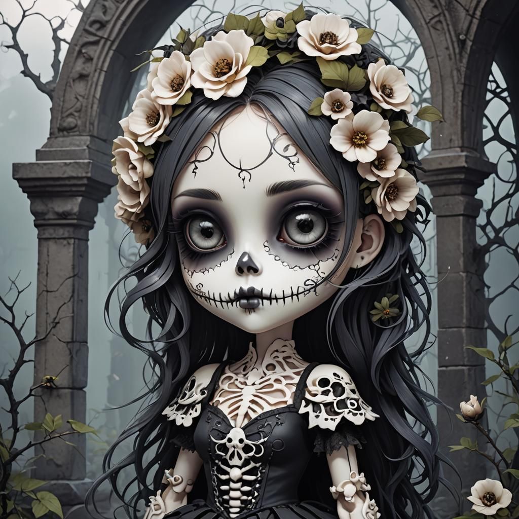 Chibi Gothic Girl with Skull Flower Face in Burton Style