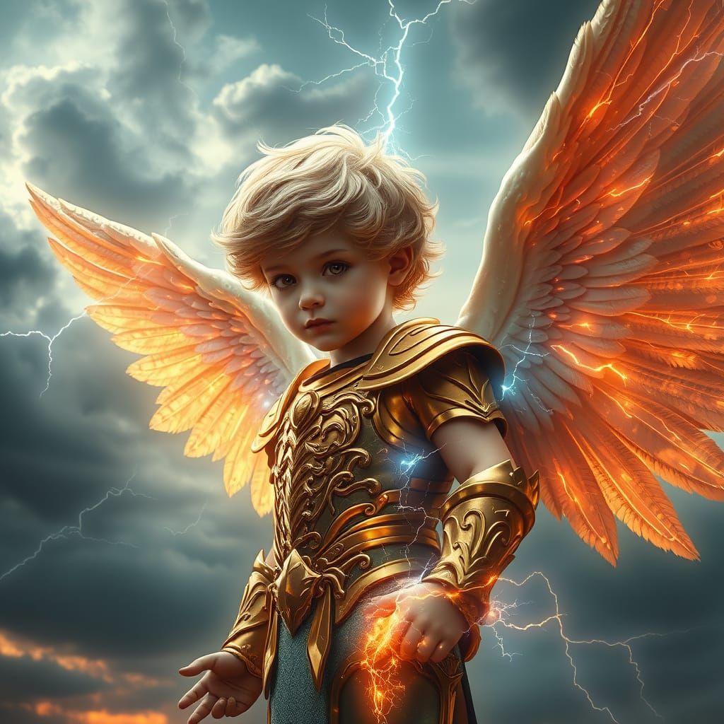 Majestic Fallen Cherub Angel Harnesses Stormy Dark Energy