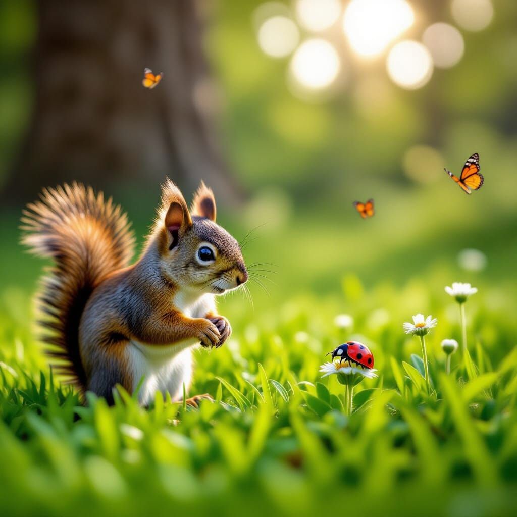 Curious Squirrel and Ladybug in Soft Sunlight