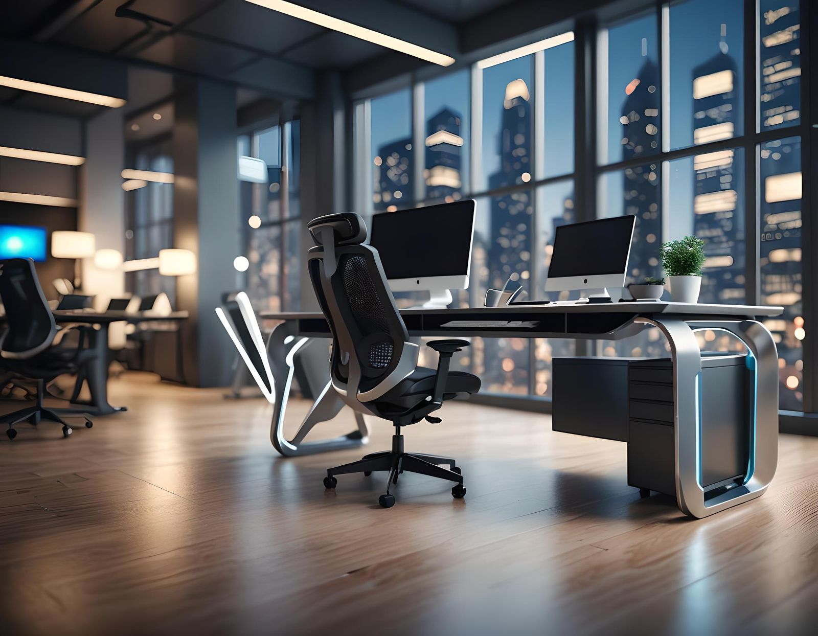 Futuristic Office Desk in 3D with Bokeh