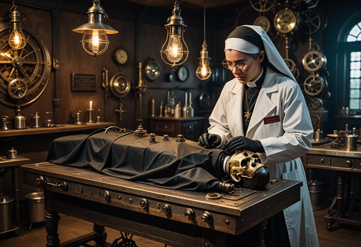 Steampunk Scientist Examines Nun on Autopsy Table