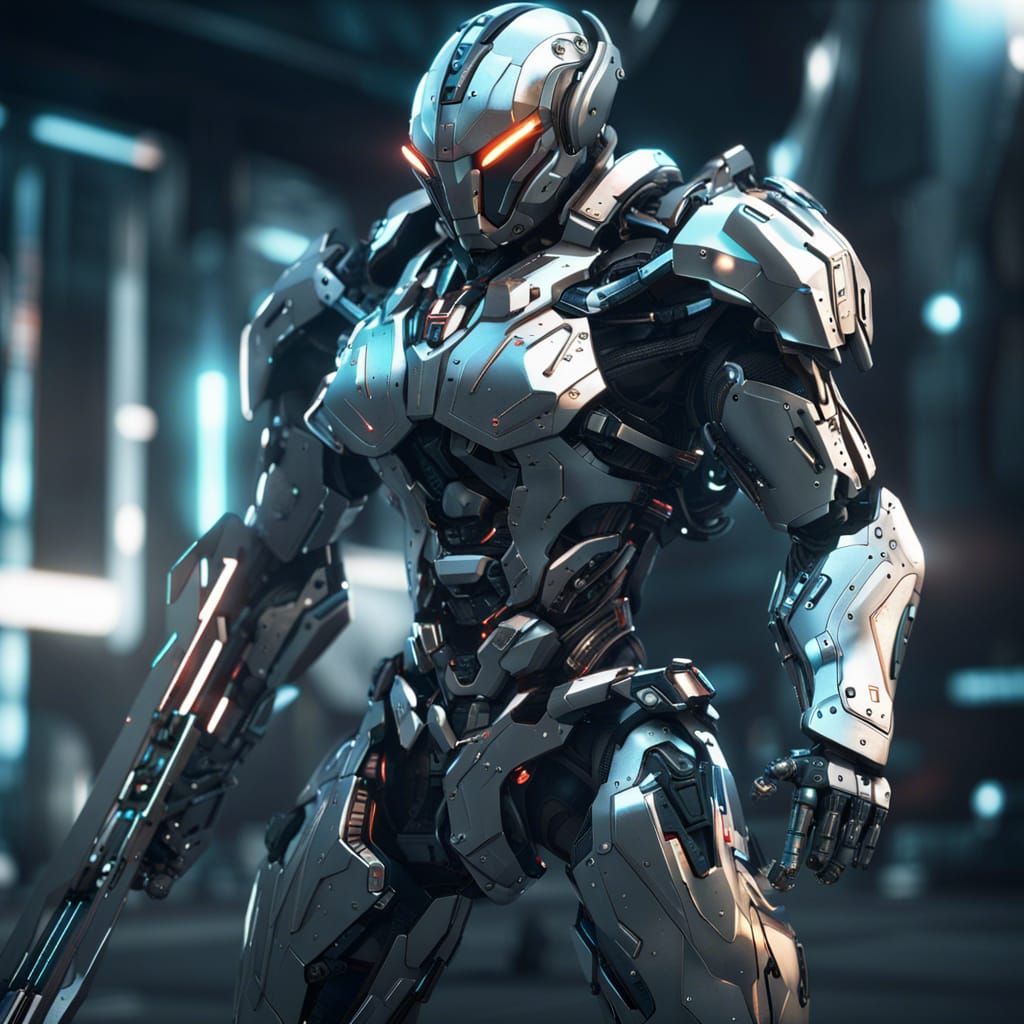 Futuristic Cybernetic Soldier with Sword in Sci-Fi Style