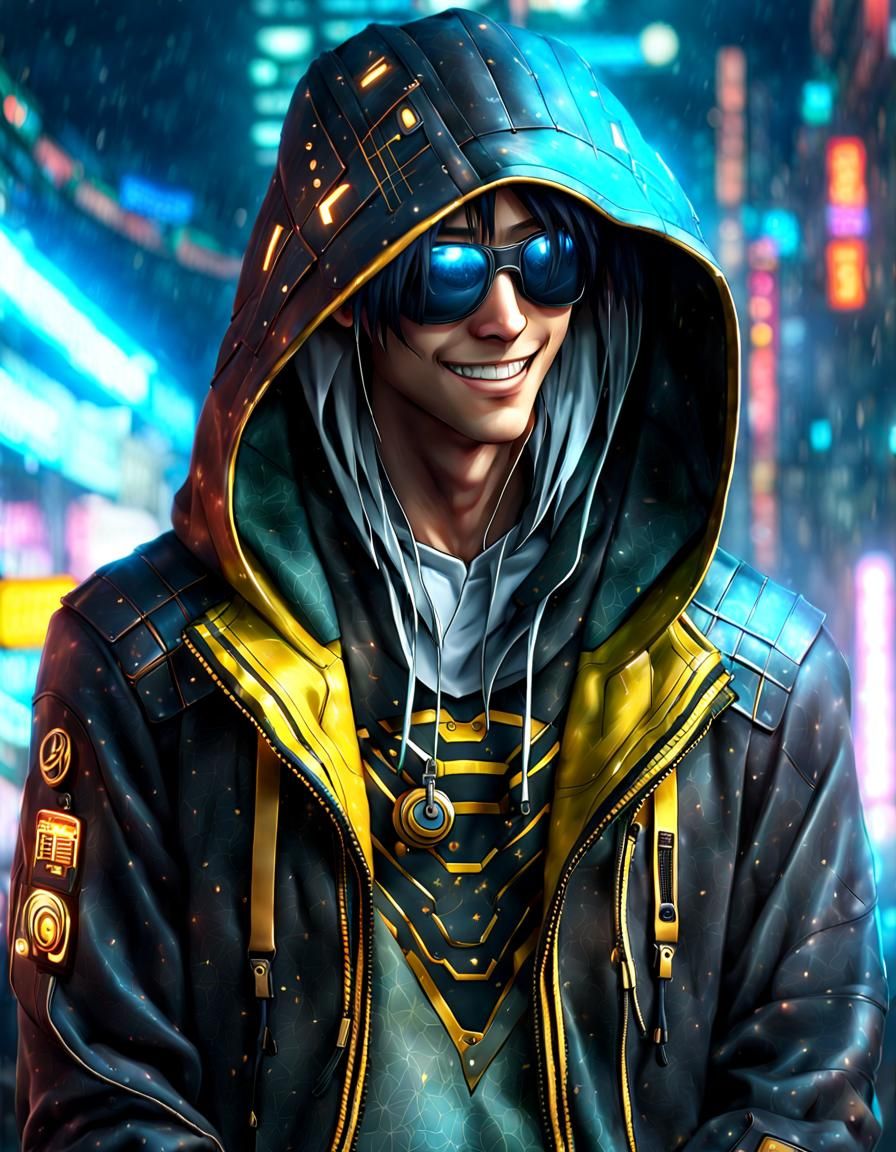 Anime Cyberpunk Man Smiling in Misty Underground