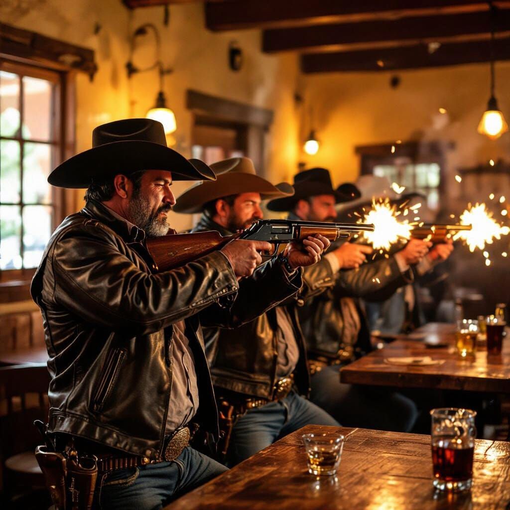 Vaqueros Firing Guns in Old Mexico Hacienda Cafe
