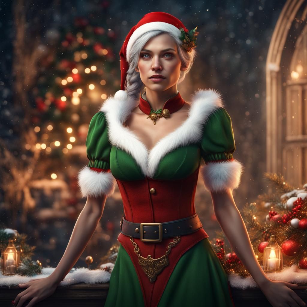 Fantastical Elf Woman as Santa Claus in Matte Painting