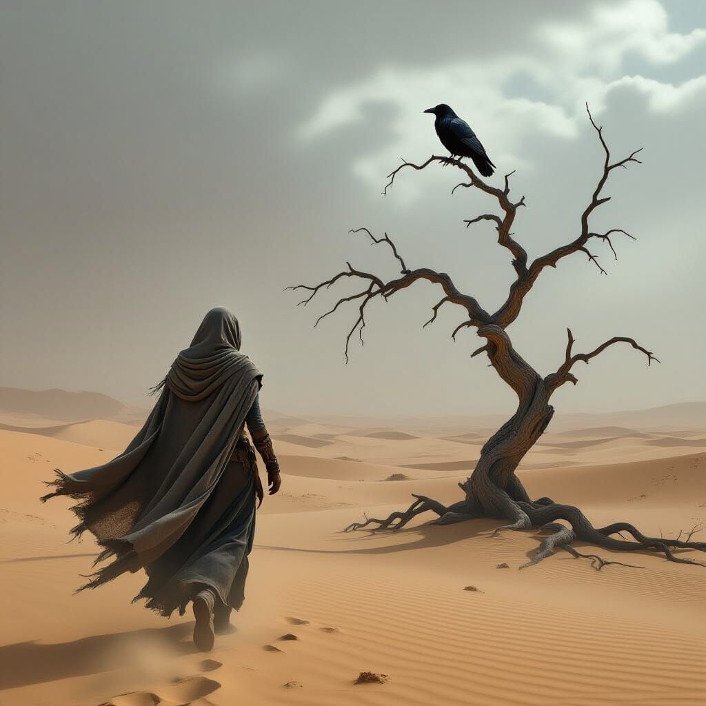 Lone Woman in Desolate Desertscape with Watching Raven