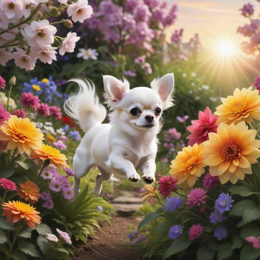 Whimsical Floral Canine with Wings and Fluffy Tail