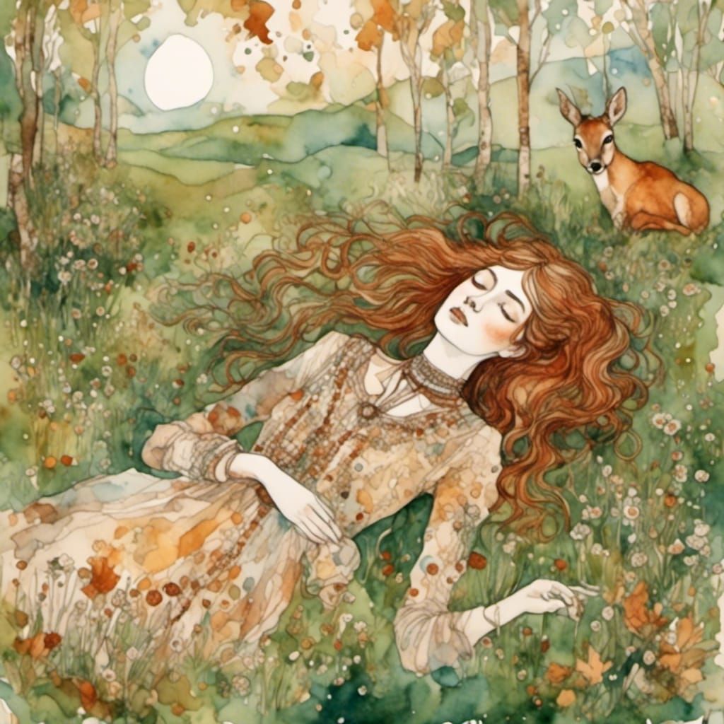 Bohemian Woman Gazing Skyward in Watercolor Style