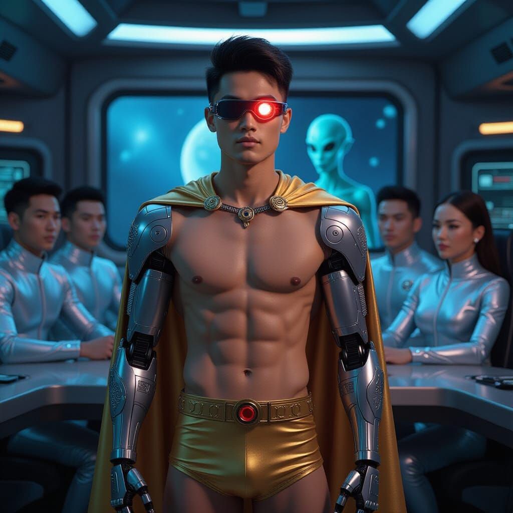 Cyborg Captain on Spaceship Bridge in Futuristic Style