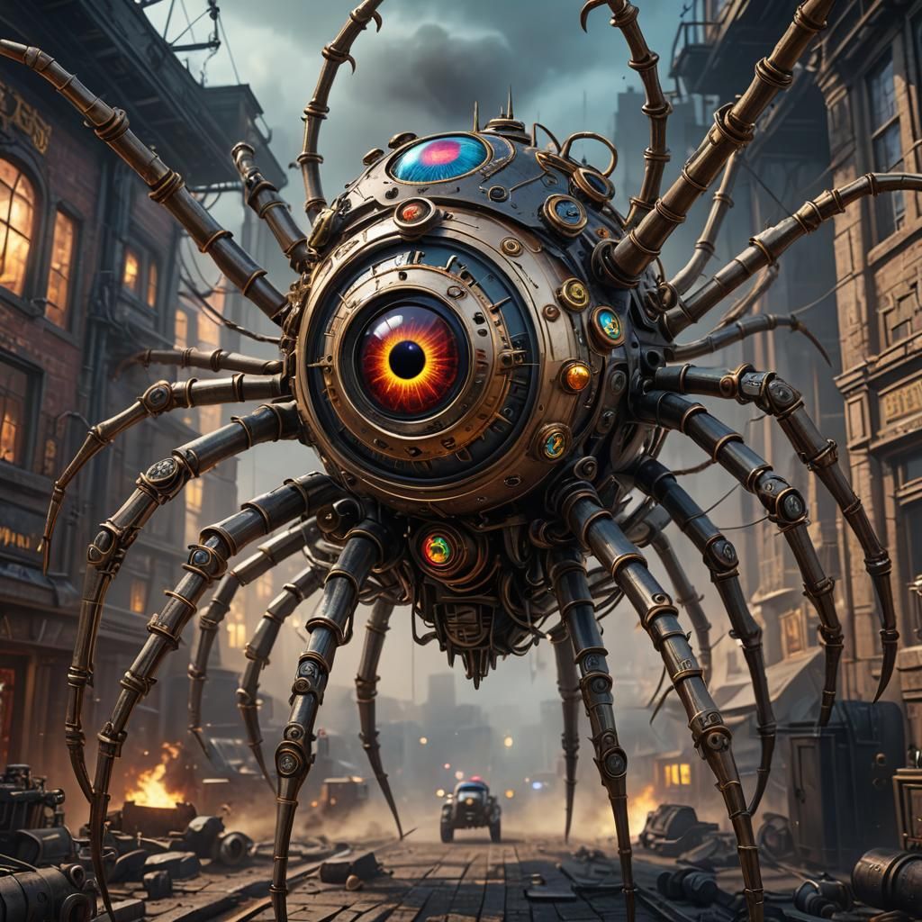 Steampunk Cyborg Eyeball Turret Shoots Laser Cannon