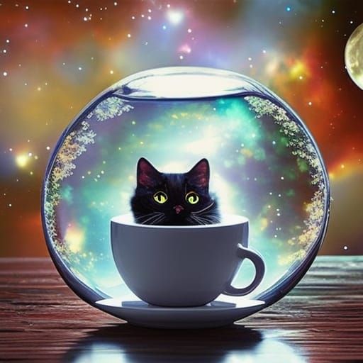 Kitten in Teacup Under Cosmic Sky, Hyperrealism