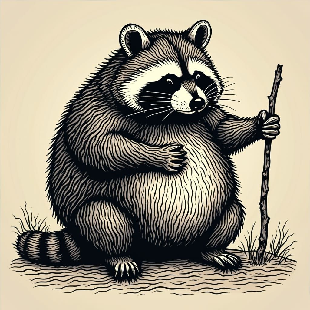Fat Raccoon in Woodcut Style