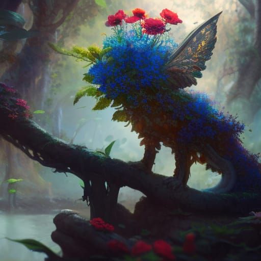 Whimsical Floral Faerie in a Vibrant Garden Scene