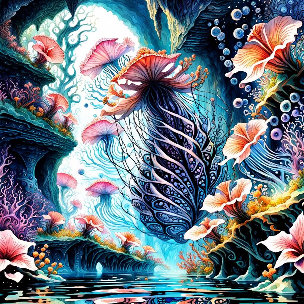 Underwater Fractal Cave with Bioluminescent Flora and Fauna