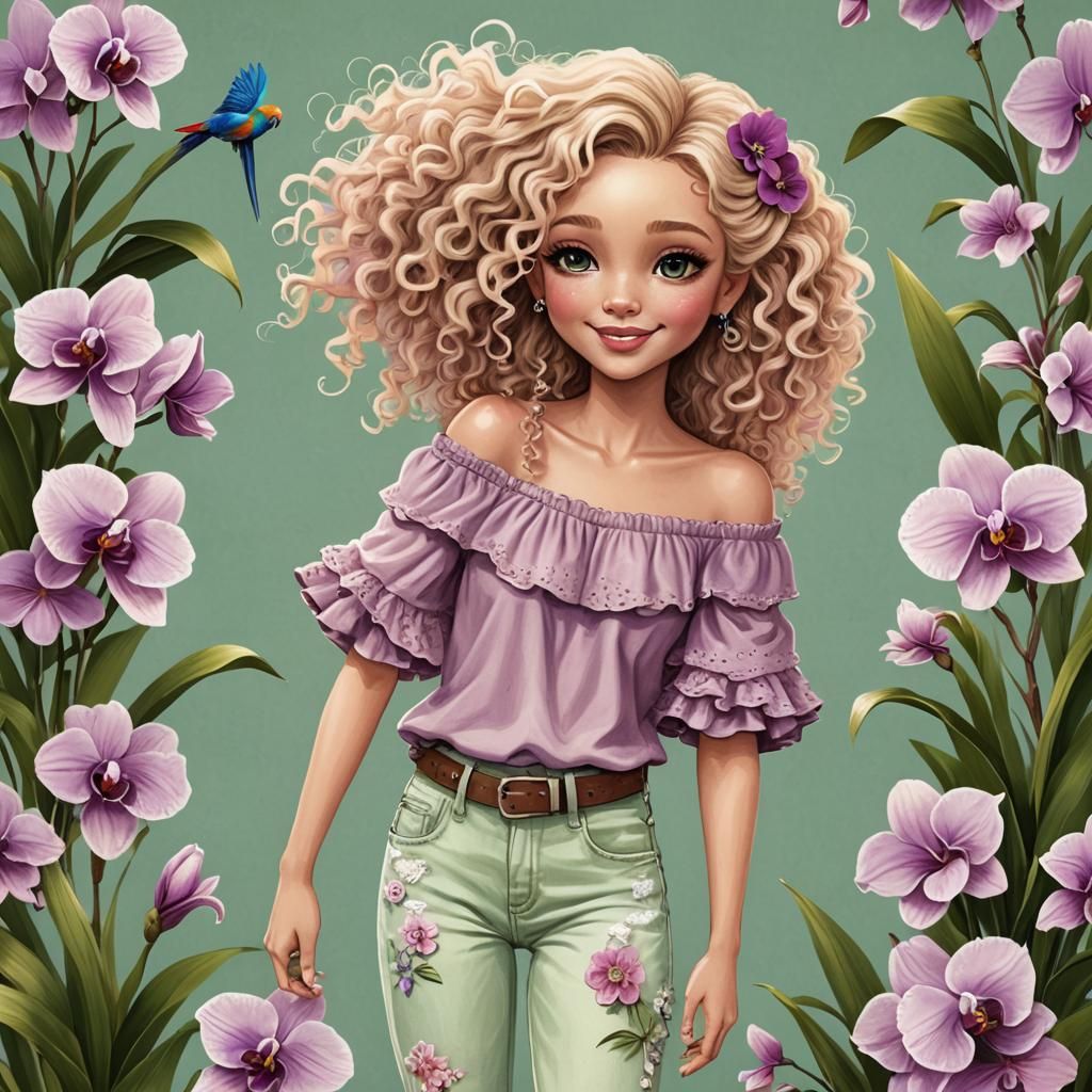 Happy Girl with Parrot in Whimsical Digital Illustration