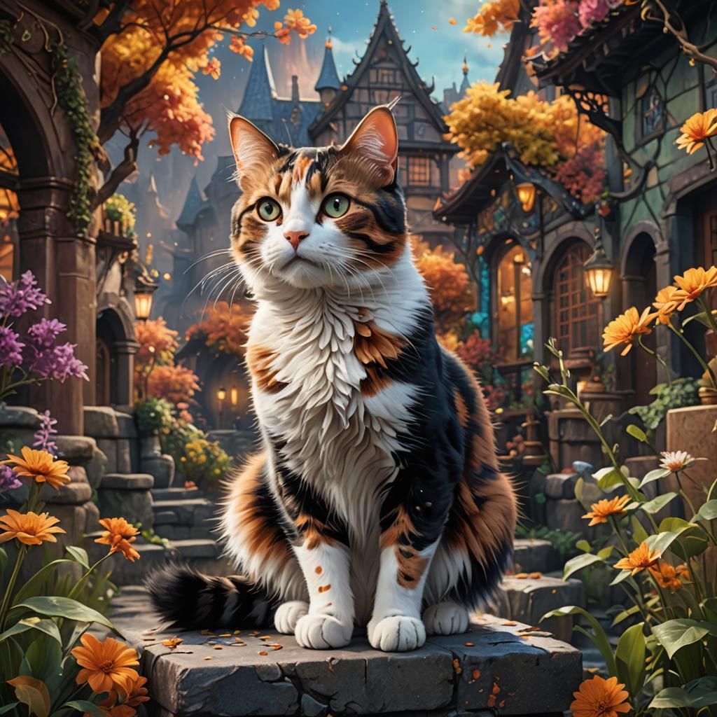 Calico Cat in Fantastical Landscape: Detailed Matte Painting