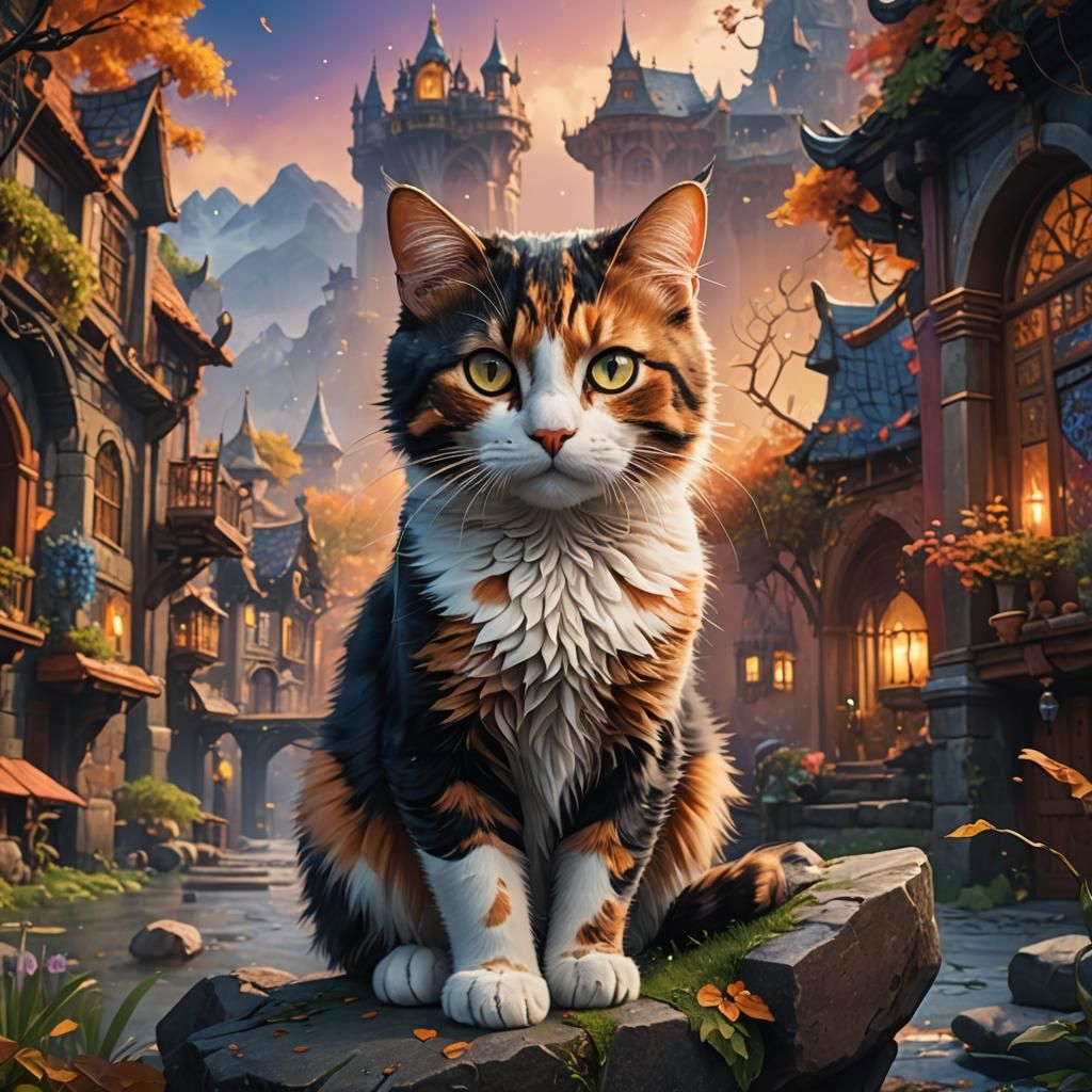 Calico Cat in Fantastical Landscape: 8k Art