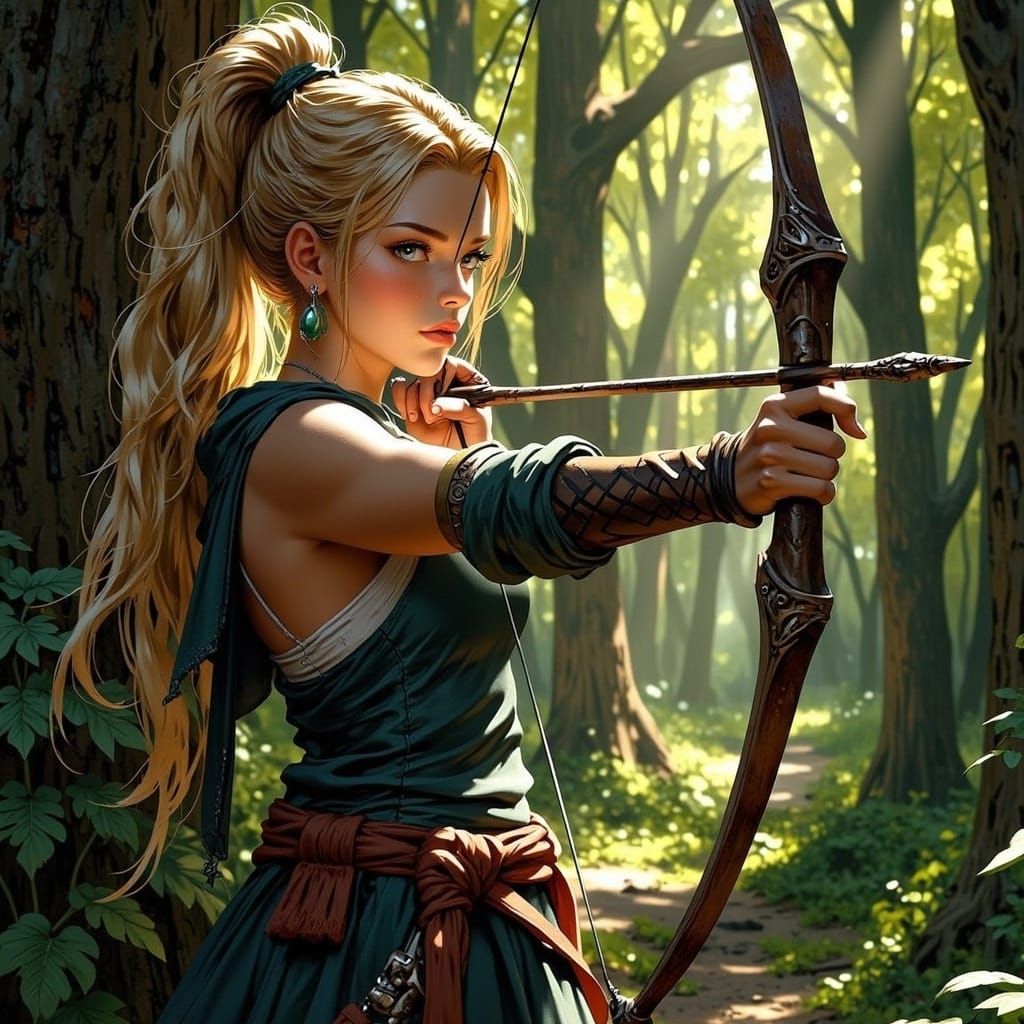 Medieval Archer Woman in Mystical Forest
