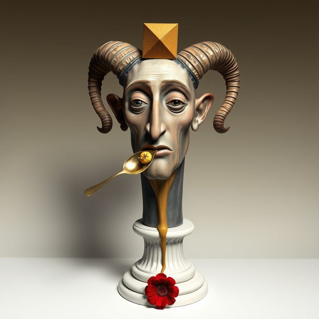 Surreal Portrait Bust with Ram Horns and Cube