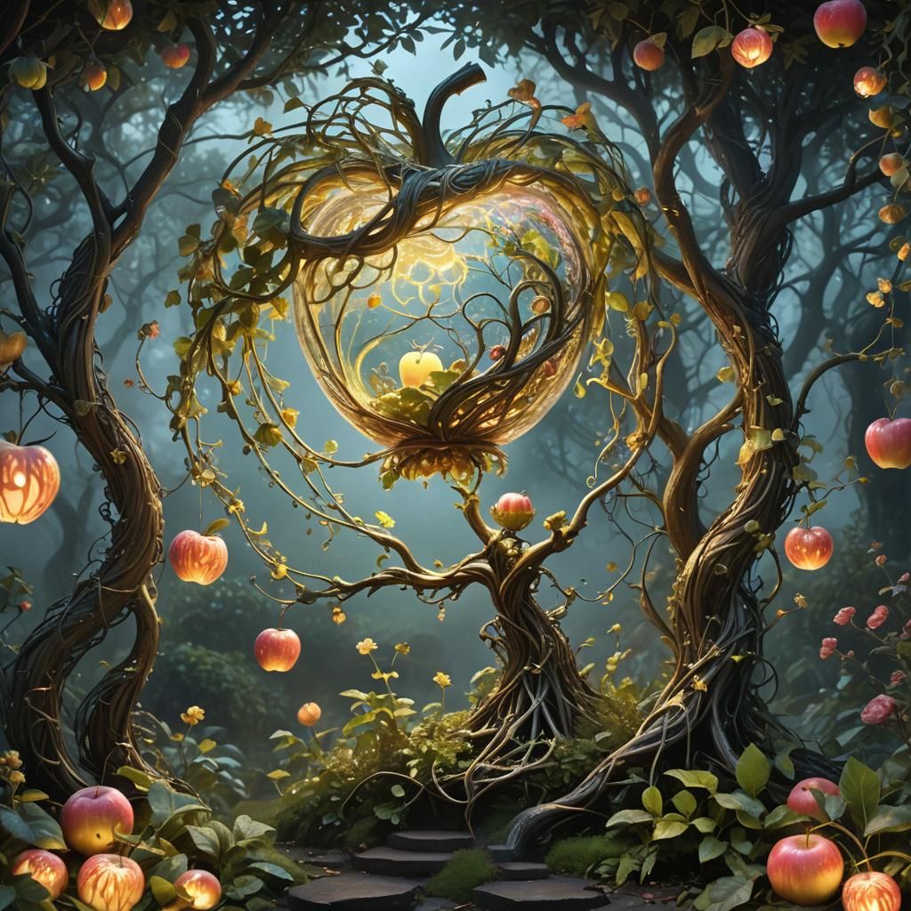Enchanted Apple Interior with Elves in Hyperrealism