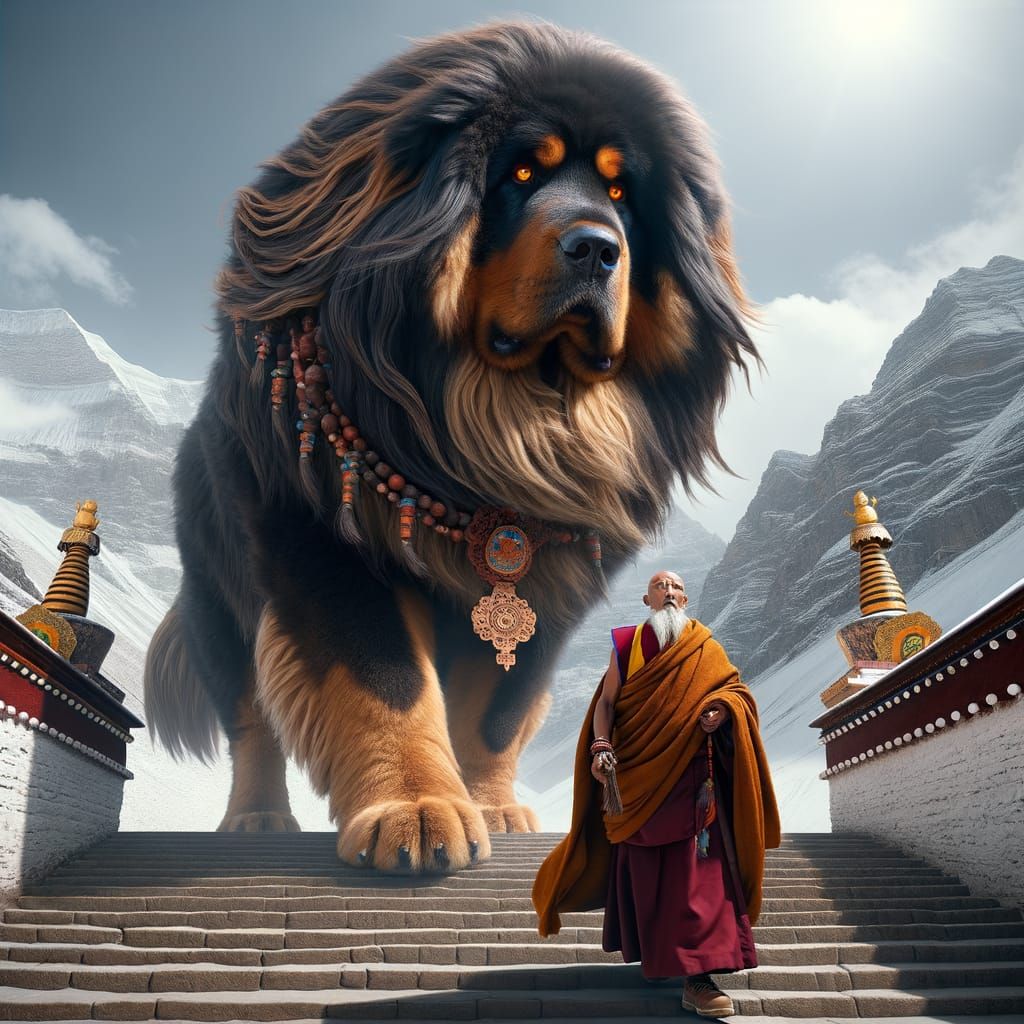 Colossal Tibetan Mastiff and Monks in Snowy Landscape