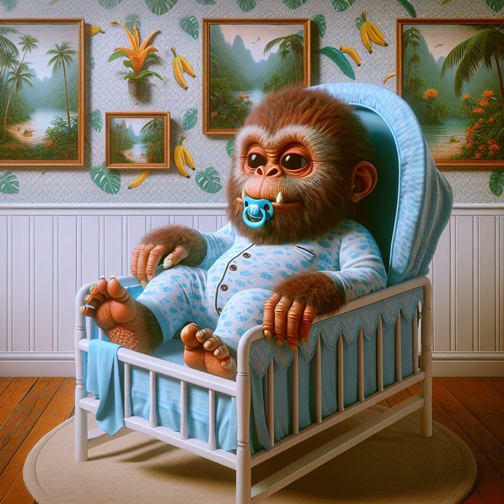 King Kong as a Monsterbaby depicted in a cozy nestled in lig...
