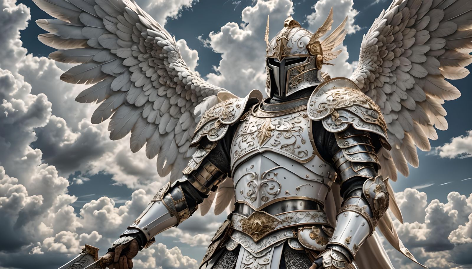 Winged Angel in Elaborate Armor on Cloudy Background
