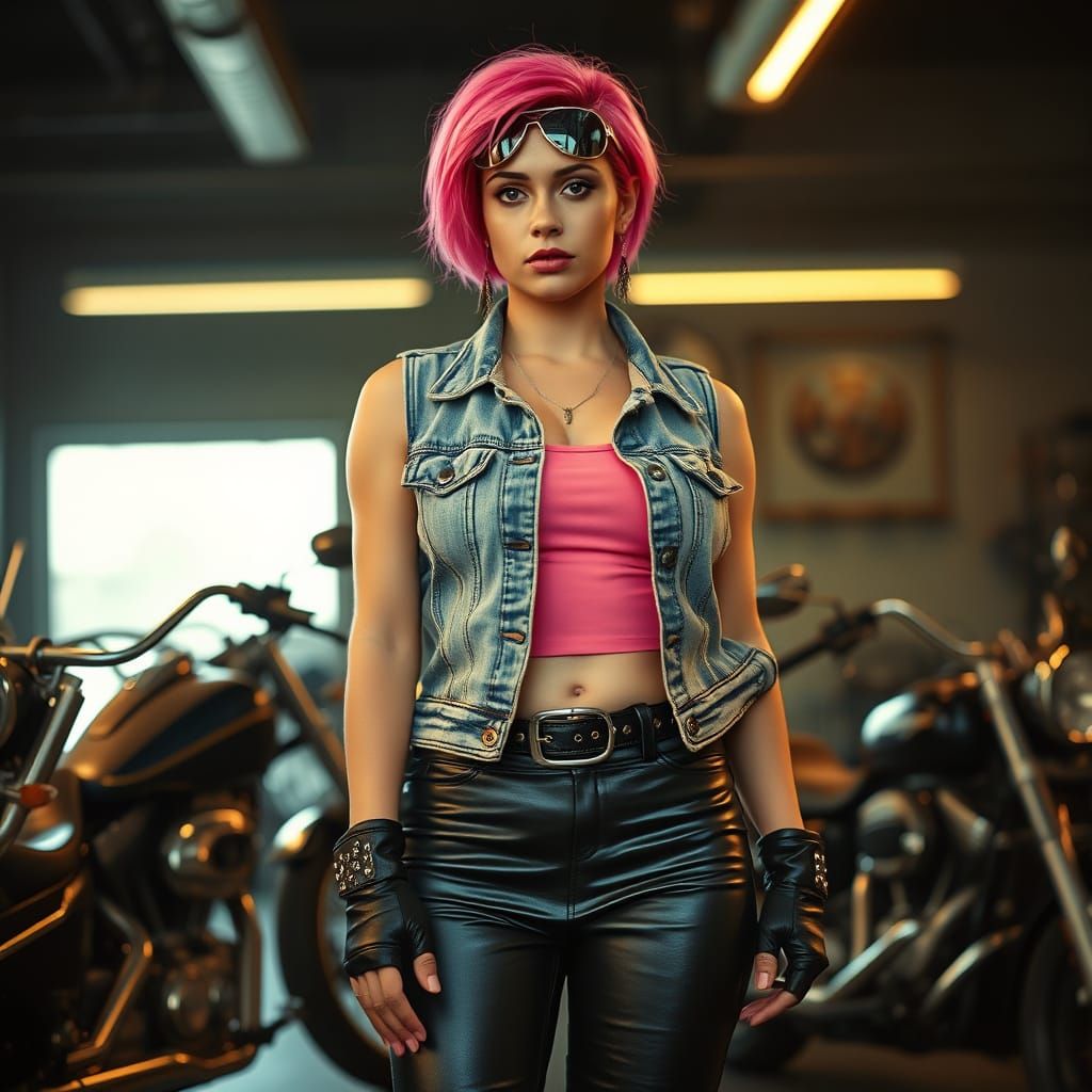Sultry Biker Goddess in Chrome Garage