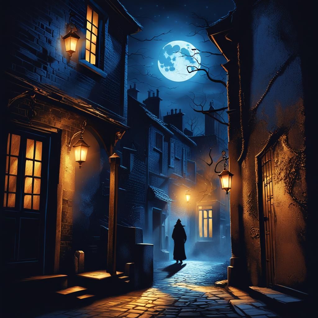 Noir Fantasy Cityscape with Lantern Light
