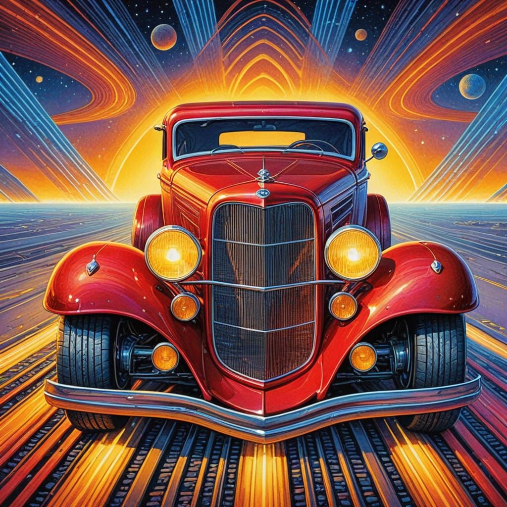 Speeding Cherry-Red 1933 Ford Eliminator Coupe