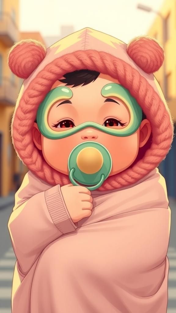 Baby with Japanese Mask in Anime Style