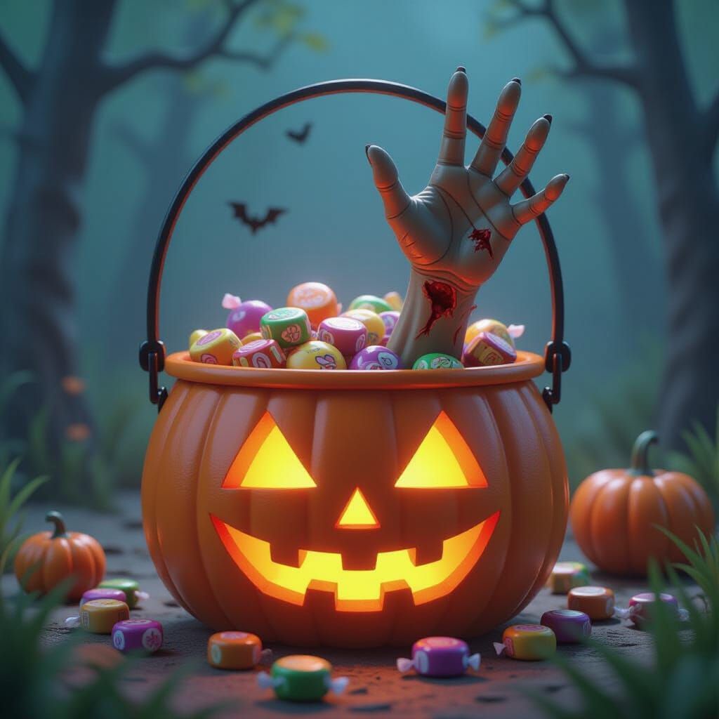 A halloween pumpkin bucket filled to the top with candy. A z...