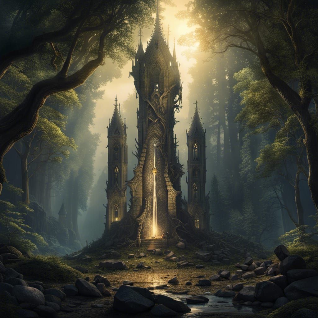 Excalibur in a Magical Forest at Night