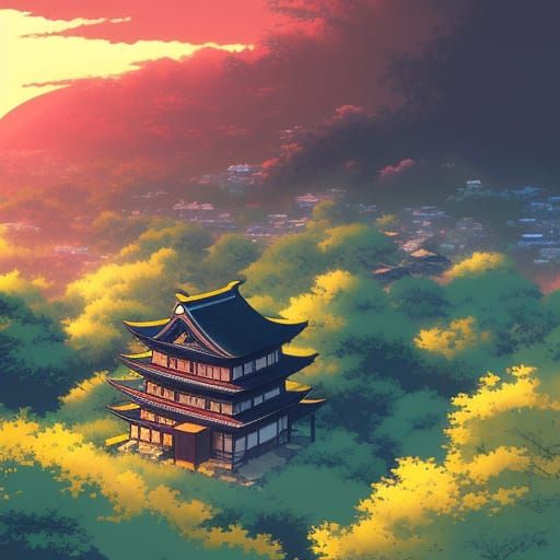 Japanese Village Sunset: Dark Fantasy Concept Art