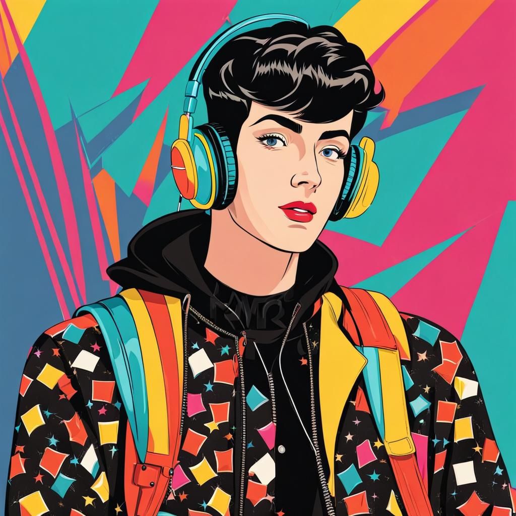 Teenage Boy in Colorful 50s Fashion Listening to Music