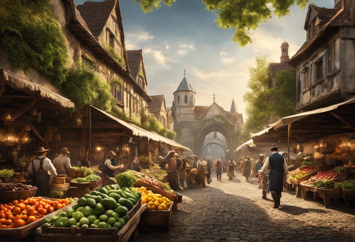 farmers in a bustling medieval farmer's market
