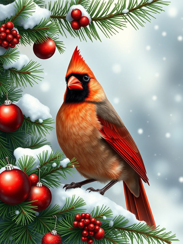 Cardinal in Winter Pine Wreath, Hyper-Realistic Illustration