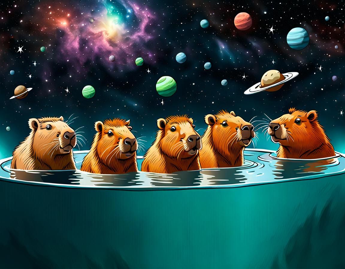 Cartoon Capybaras Bathing in Space