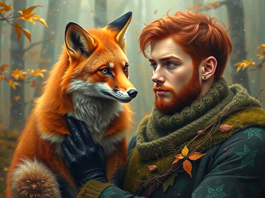 Redhead Man and Fox in Autumn Oil Painting