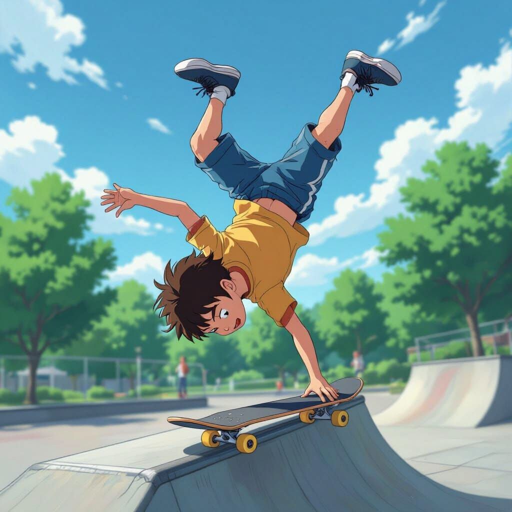 Boy Lands Backflip in Vibrant Anime Skate Park