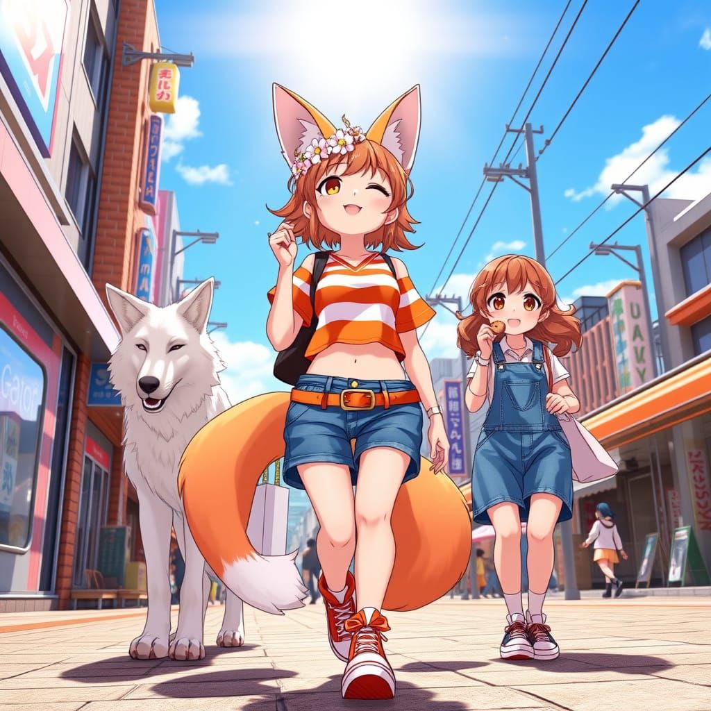Vibrant Anime Fox Girl Strolls Through Downtown Japan