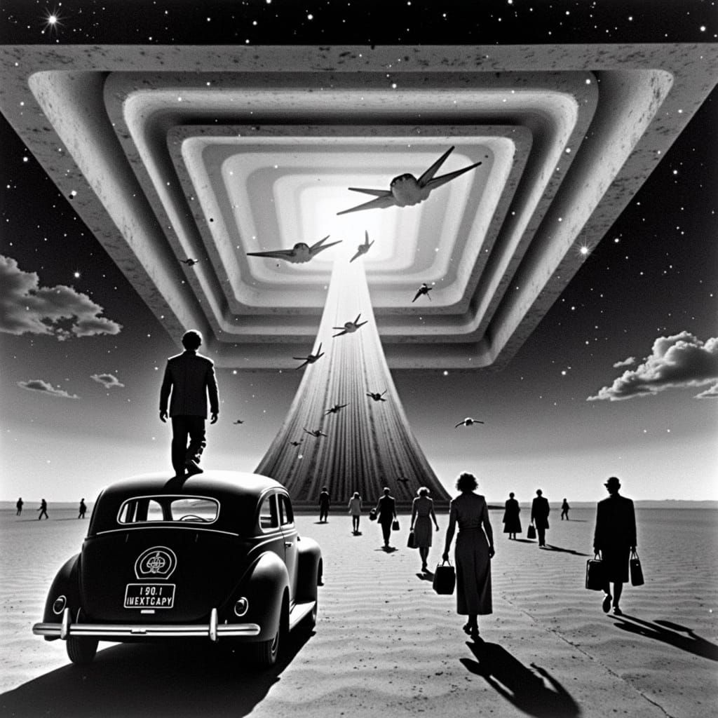 Surreal Figure Departs to Infinity in Monochrome Photograph