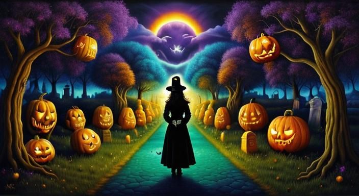 Surreal Halloween Night Graveyard Scene as Oil Painting
