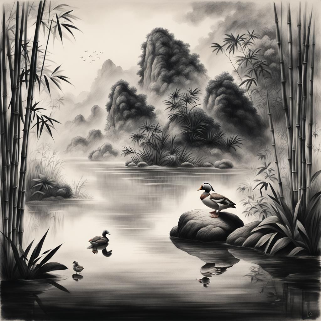 Mandarin Ducks in Charcoal Drawing with Bamboo