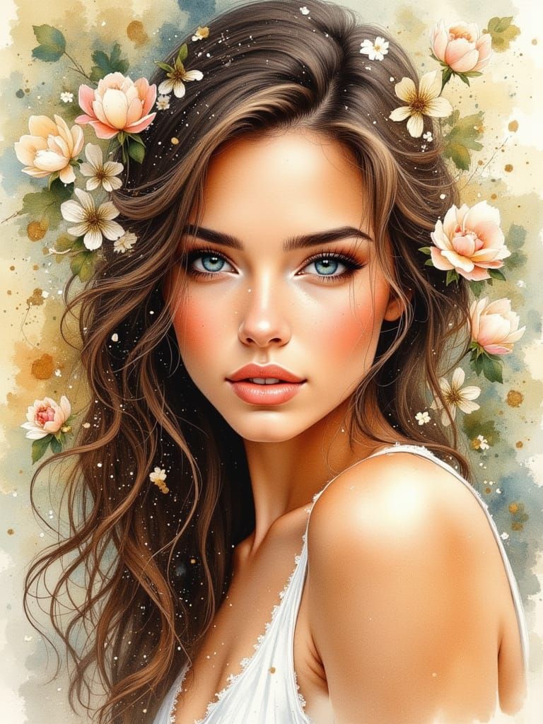 Elegant Woman with Flowers, Watercolor Painting