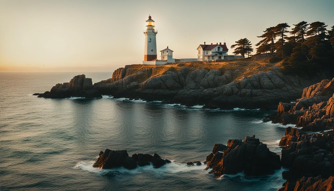 Lighthouse on Rocky Island at Sunset: Cinematic Still