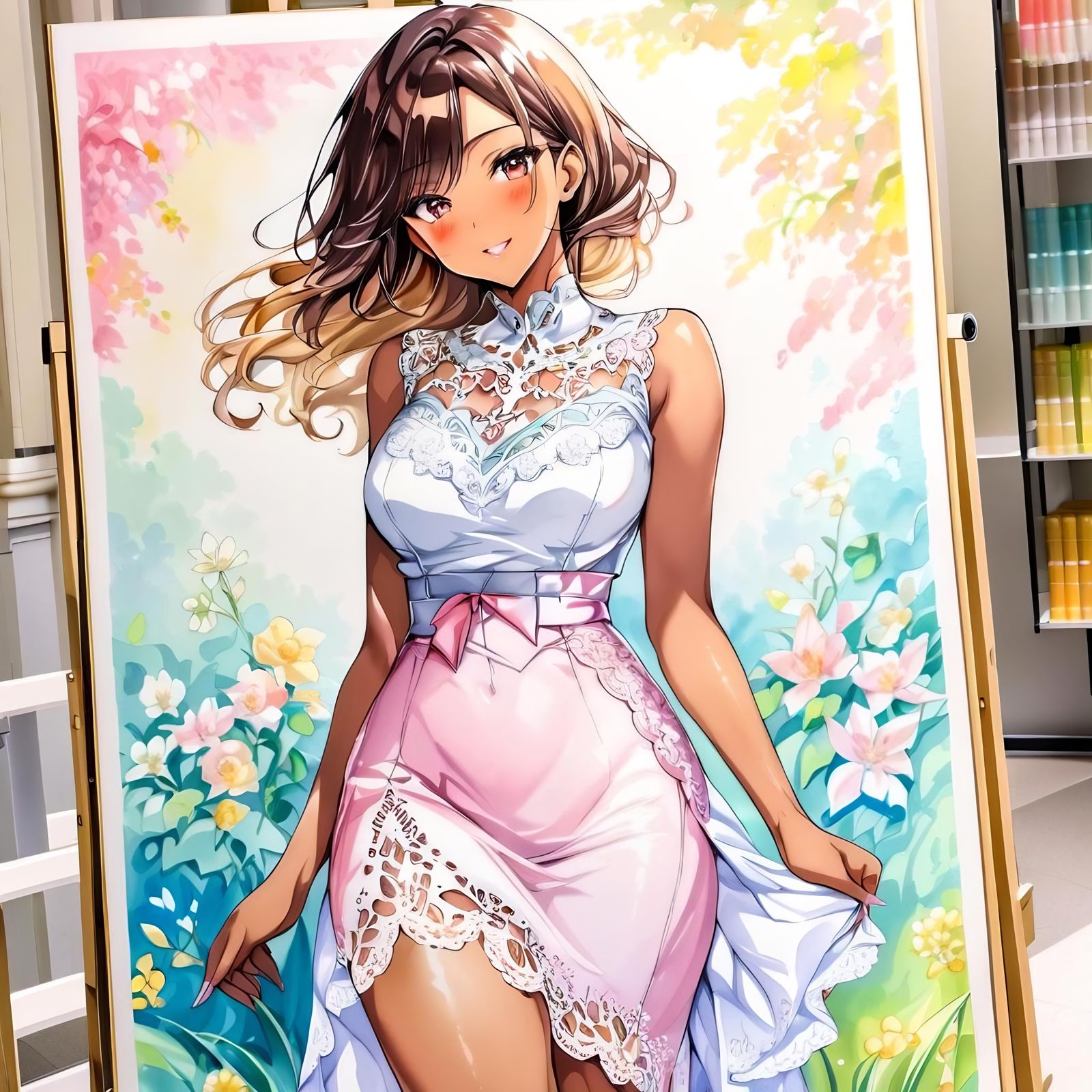 Aquarelle Painting of Woman in Lacy Dress