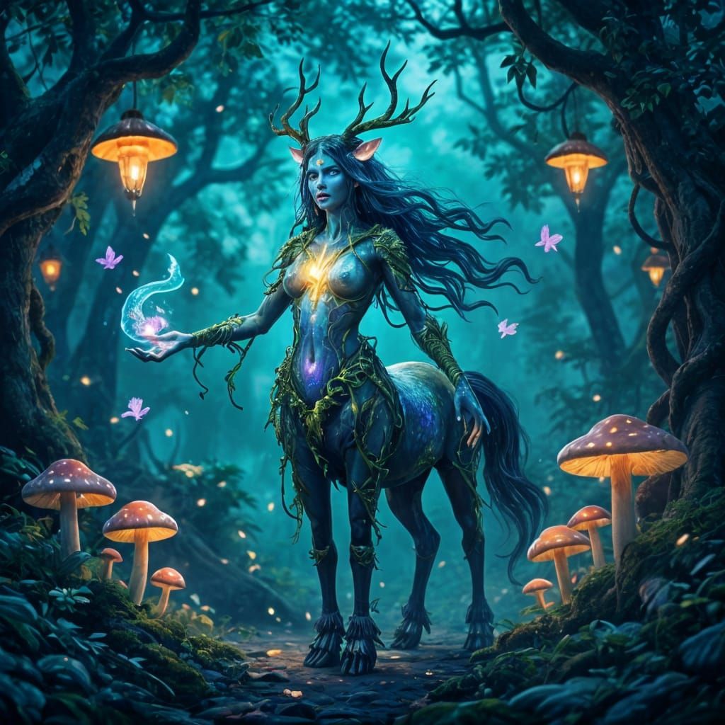 Bioluminescent Rainforest Glade with Starlight Centaur