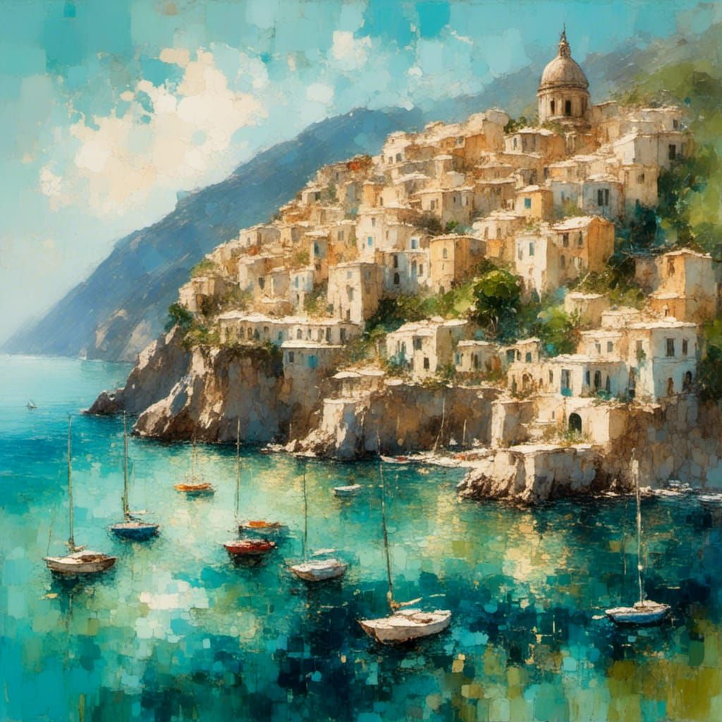 Colorful Amalfi Coast in Impressionist Oil Painting